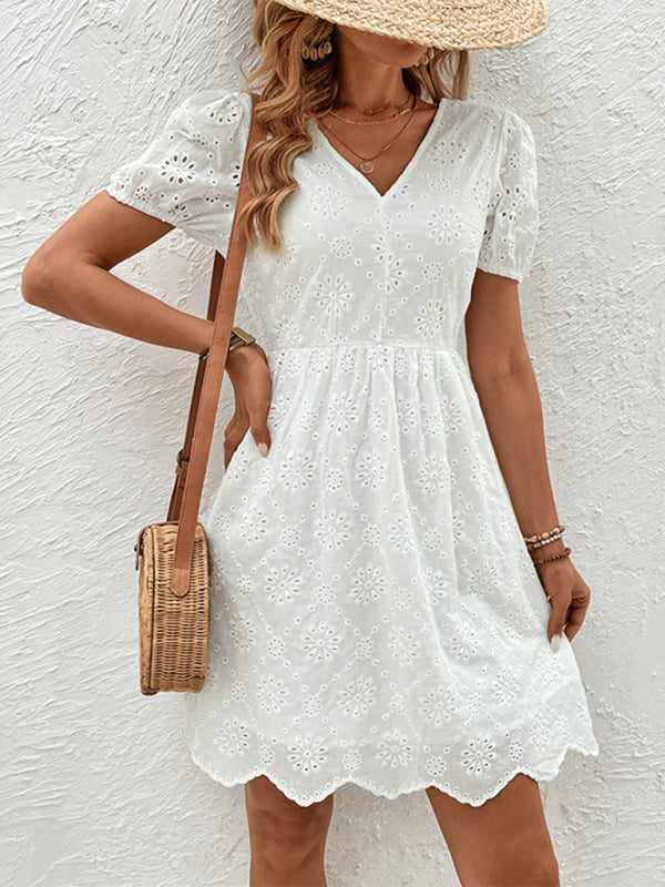 Women's  v-neck puff sleeve white dress