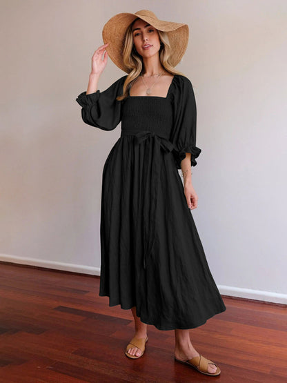 Women's style rope belt ruffled lantern sleeve dress