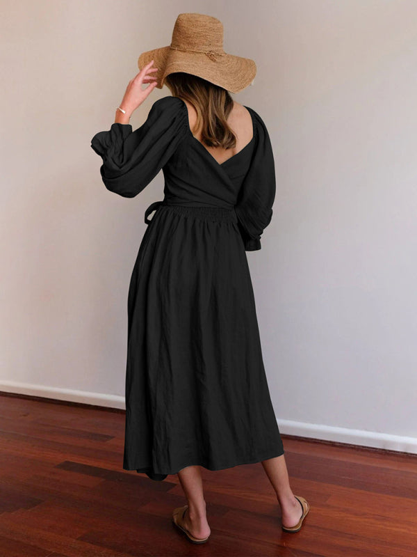 Women's style rope belt ruffled lantern sleeve dress