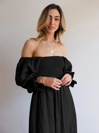 Women's style rope belt ruffled lantern sleeve dress