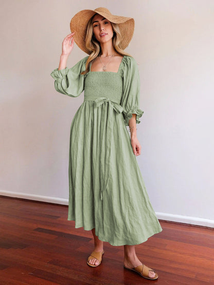 Women's style rope belt ruffled lantern sleeve dress