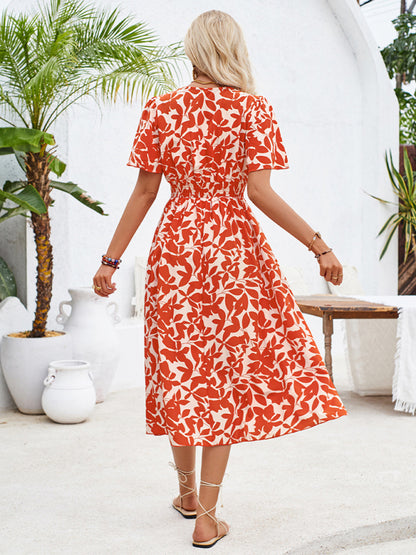 Women's V-neck short-sleeved waist floral print dress