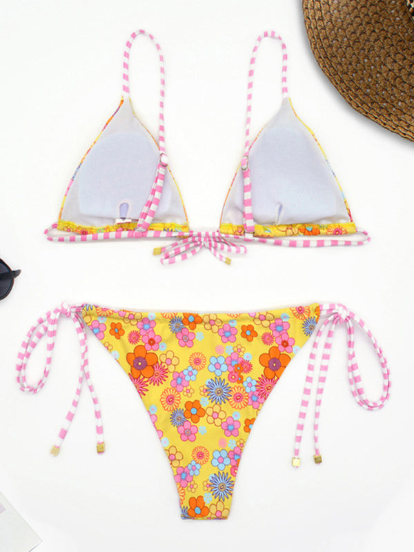 Women's floral print strap triangle backless bikini