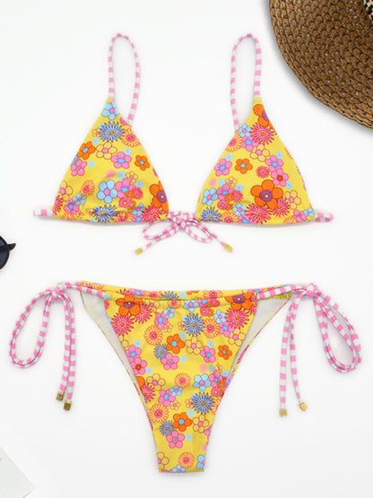 Women's floral print strap triangle backless bikini