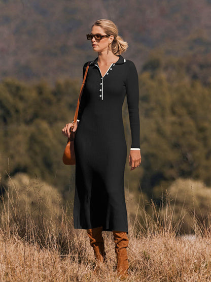 Women's fashionable lapel knitted slim fit hip-hugging long-sleeved dress