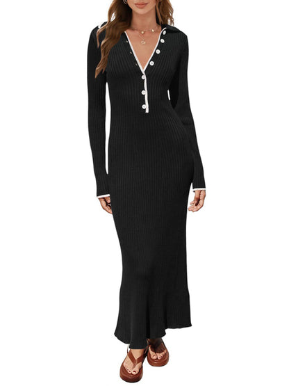 Women's fashionable lapel knitted slim fit hip-hugging long-sleeved dress