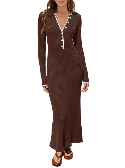 Women's fashionable lapel knitted slim fit hip-hugging long-sleeved dress