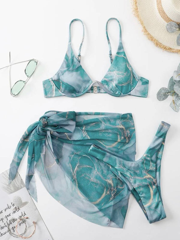 Women's marble tie-dye three-piece bikini set