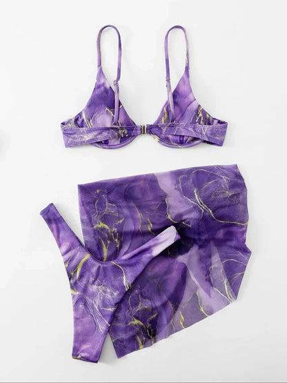 Women's marble tie-dye three-piece bikini set