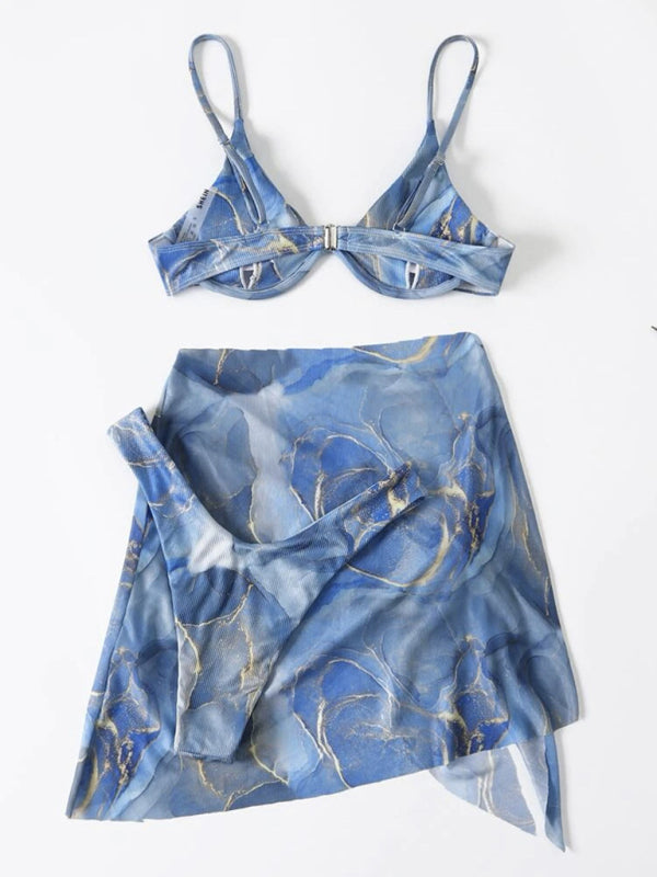 Women's marble tie-dye three-piece bikini set