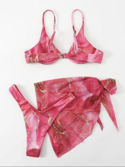 Women's marble tie-dye three-piece bikini set