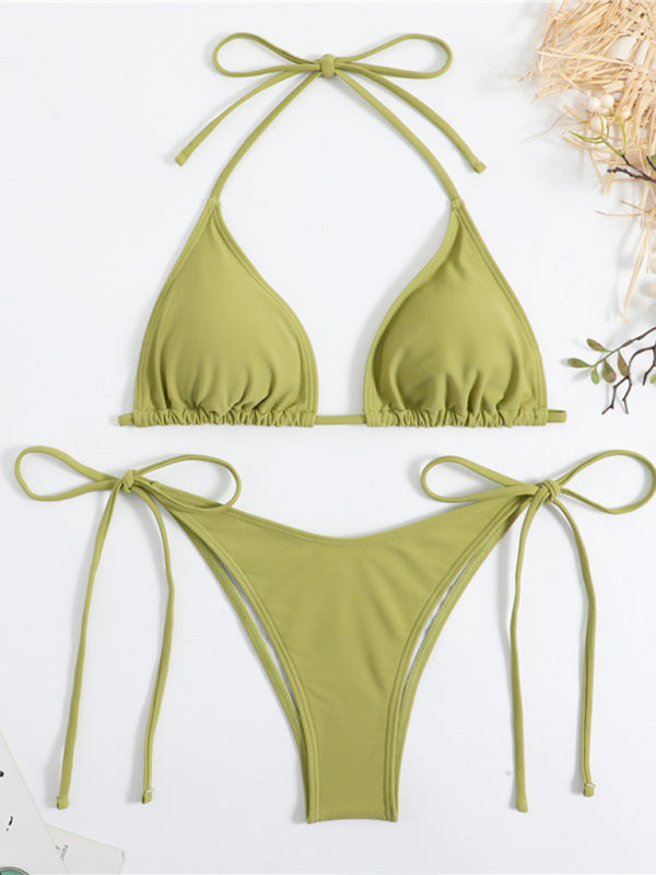 Women's Plain color split strap women's sexy triangle bikini