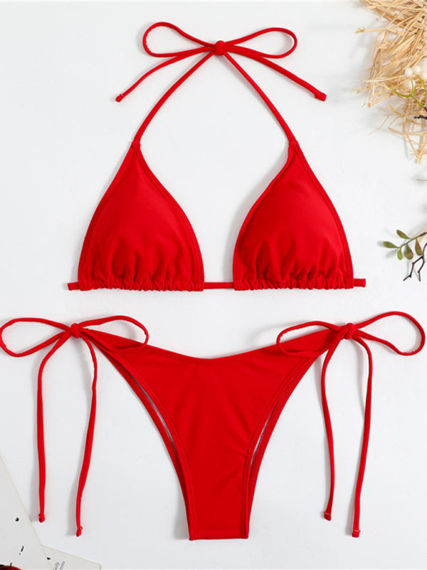 Women's Plain color split strap women's sexy triangle bikini