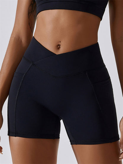 Women's Naked Hip Pocket Crossover Waist Leggings Sports Shorts - FashionistaDeal