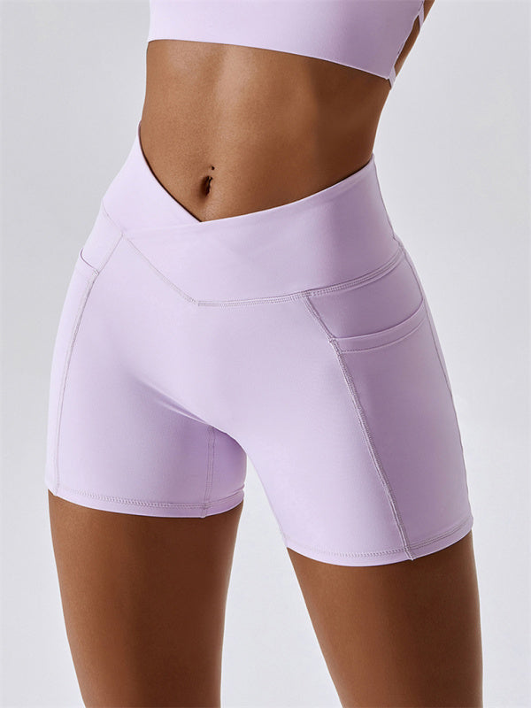 Women's Naked Hip Pocket Crossover Waist Leggings Sports Shorts - FashionistaDeal