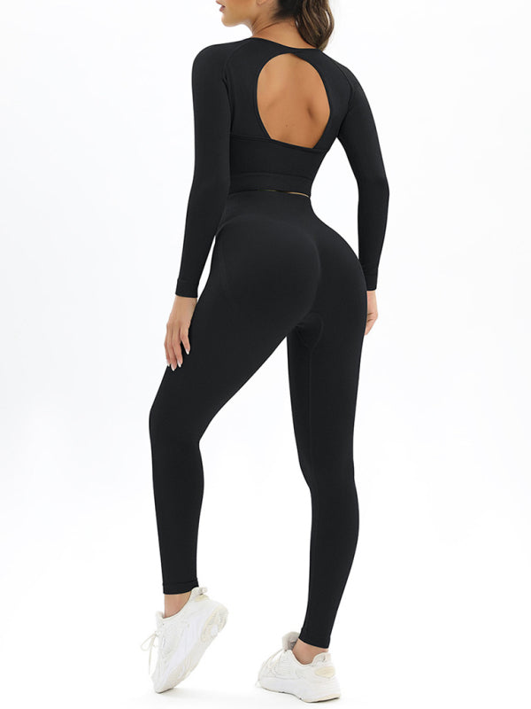 Women's seamless body-fitting beautiful back high elastic long-sleeved sports two-piece suit - FashionistaDeal