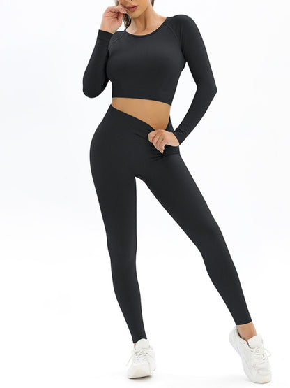 Women's seamless body-fitting beautiful back high elastic long-sleeved sports two-piece suit - FashionistaDeal