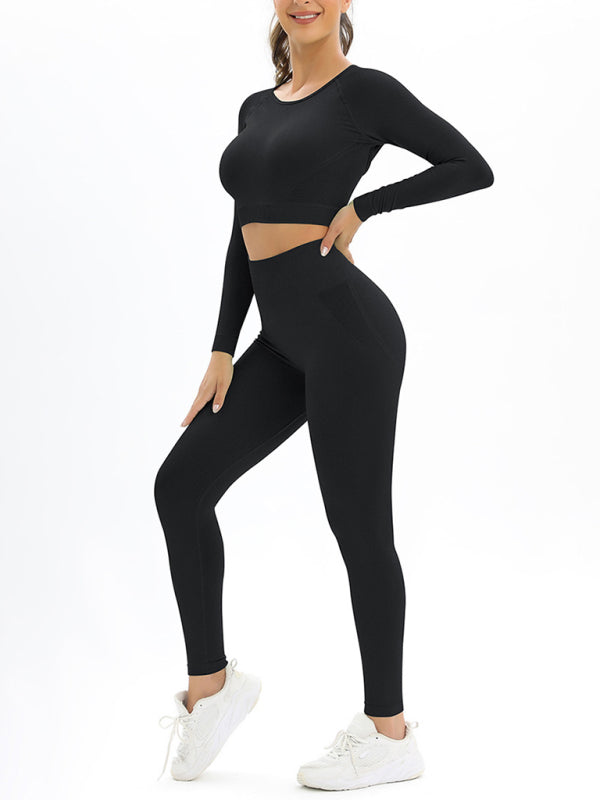 Women's seamless body-fitting beautiful back high elastic long-sleeved sports two-piece suit - FashionistaDeal