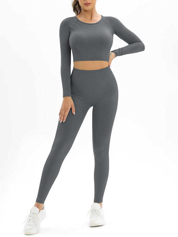 Women's seamless body-fitting beautiful back high elastic long-sleeved sports two-piece suit - FashionistaDeal