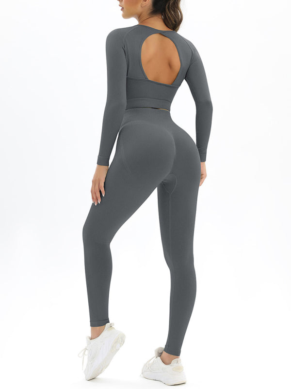 Women's seamless body-fitting beautiful back high elastic long-sleeved sports two-piece suit - FashionistaDeal