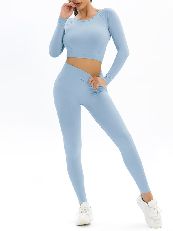 Women's seamless body-fitting beautiful back high elastic long-sleeved sports two-piece suit - FashionistaDeal