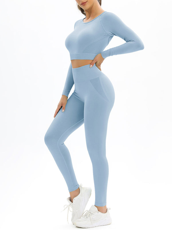 Women's seamless body-fitting beautiful back high elastic long-sleeved sports two-piece suit - FashionistaDeal