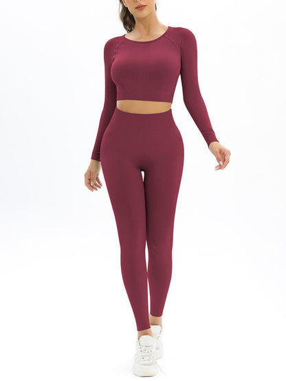 Women's seamless body-fitting beautiful back high elastic long-sleeved sports two-piece suit - FashionistaDeal