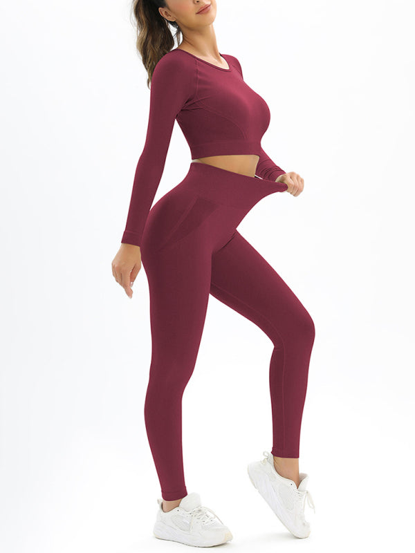 Women's seamless body-fitting beautiful back high elastic long-sleeved sports two-piece suit - FashionistaDeal