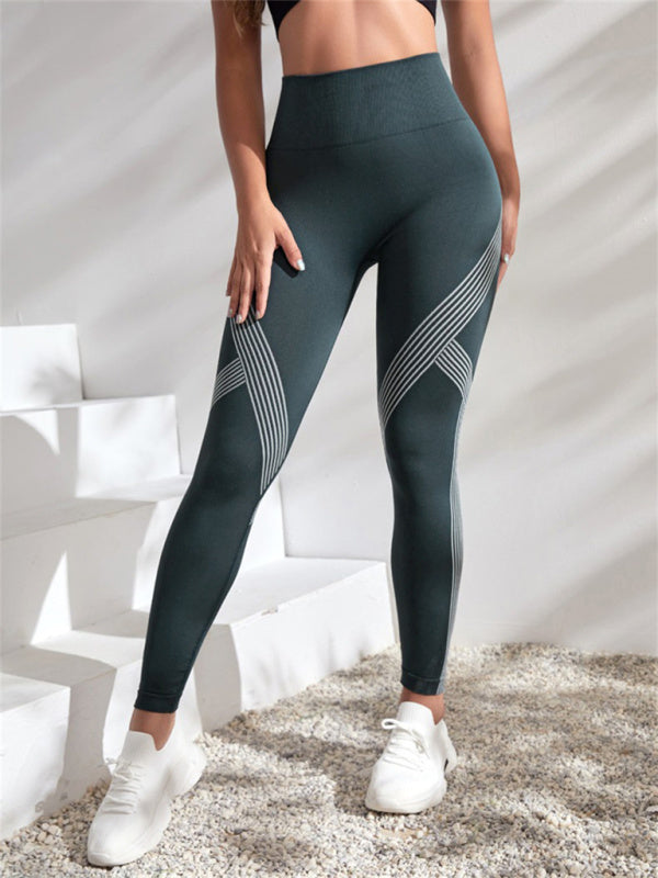 Women's Color Contrasting Stripe High Waist Seamless Sports Yoga Pants - FashionistaDeal