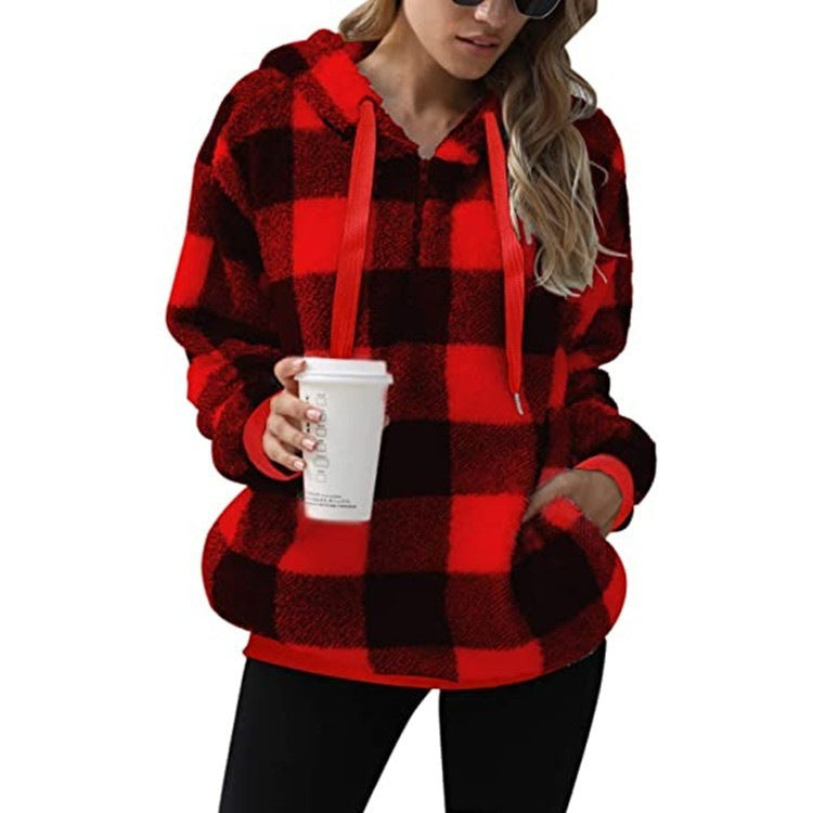 Long sleeve hooded plaid plush women's sweatshirt - FashionistaDeal