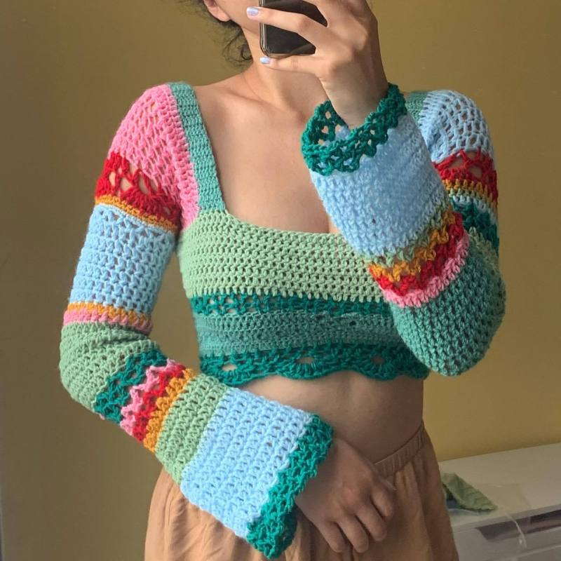 Women's new square collar colorful striped color block handmade crocheted long-sleeved top - FashionistaDeal