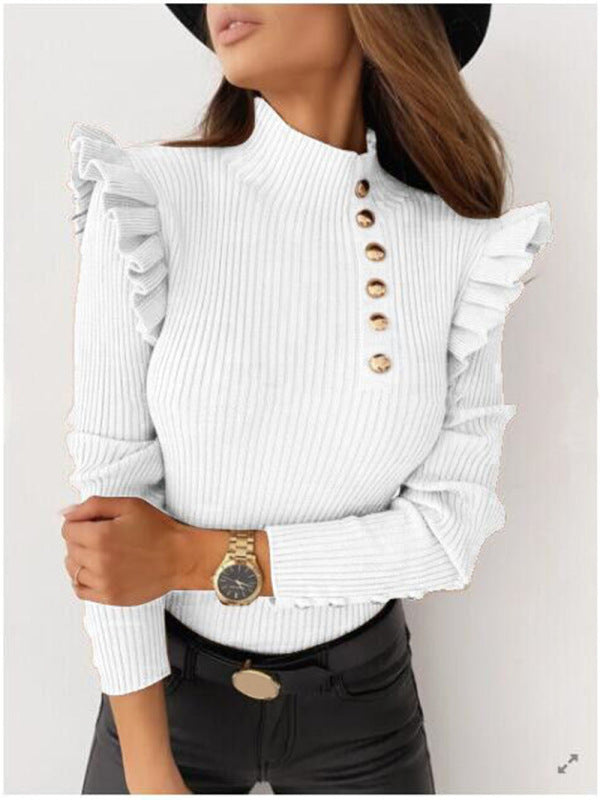 Women's Ruffled Long Sleeve Button Bottoming Knitted Top - FashionistaDeal