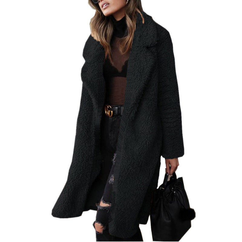 Women's loose long sleeve lapel plush jacket - FashionistaDeal