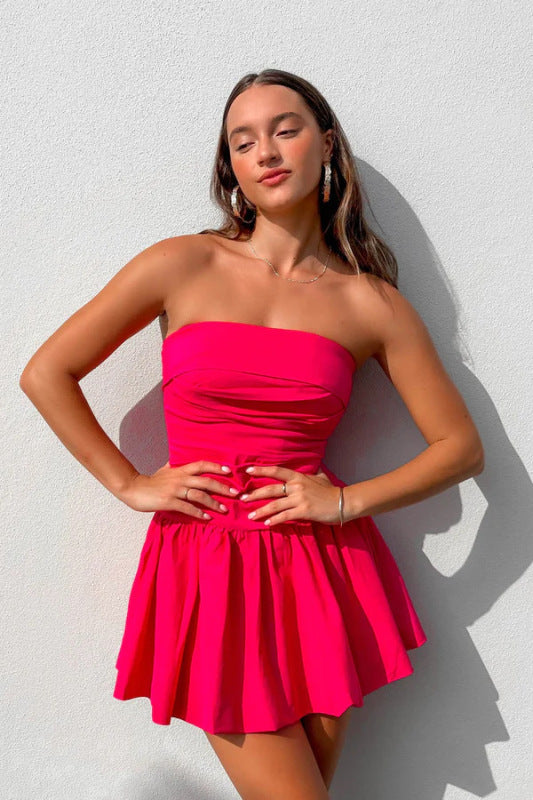 Women's strapless pleated solid color short dress - FashionistaDeal