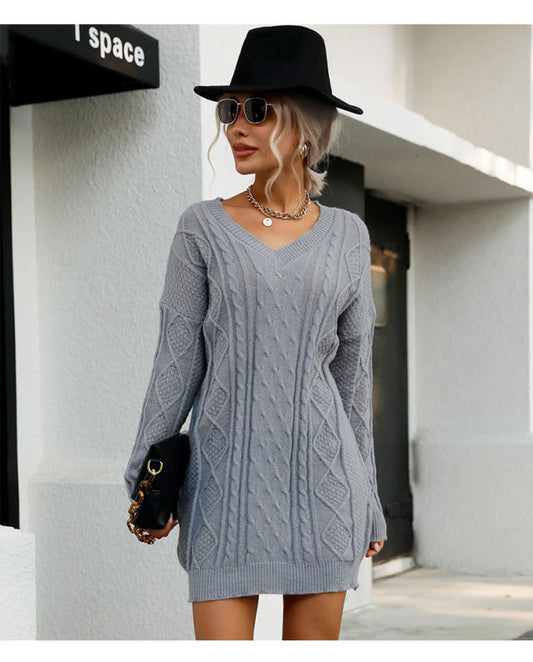 Casual Solid Color Long Sleeve V-Neck Grey Sweater Dress - FashionistaDeal