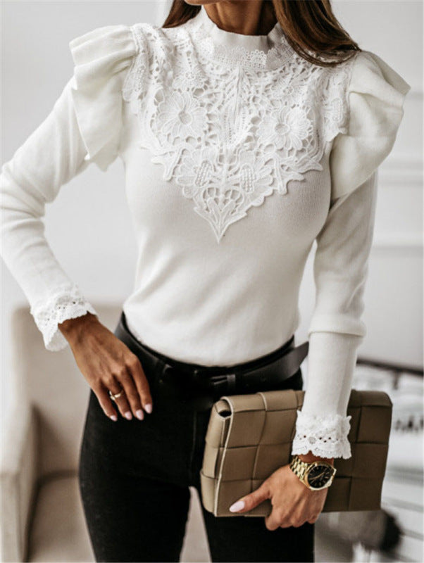 Women's long sleeve round neck lace bottoming knitted top - FashionistaDeal