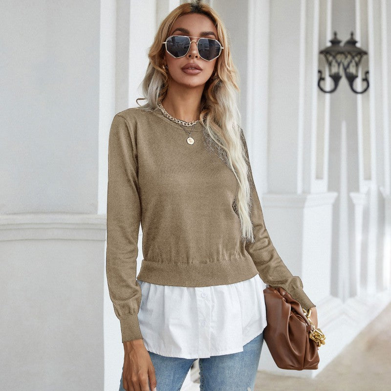 Women's slim knitted stitching shirt fake two-piece sweater - FashionistaDeal