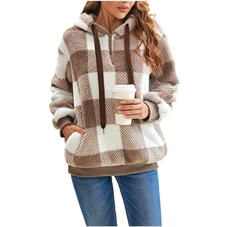 Long sleeve hooded plaid plush women's sweatshirt - FashionistaDeal