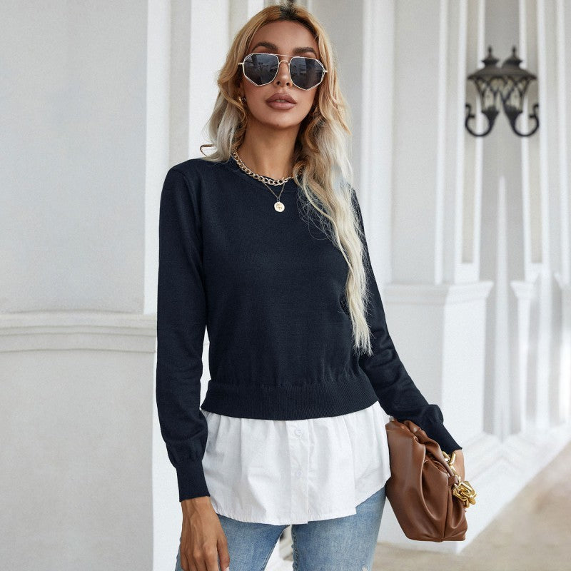 Women's slim knitted stitching shirt fake two-piece sweater - FashionistaDeal